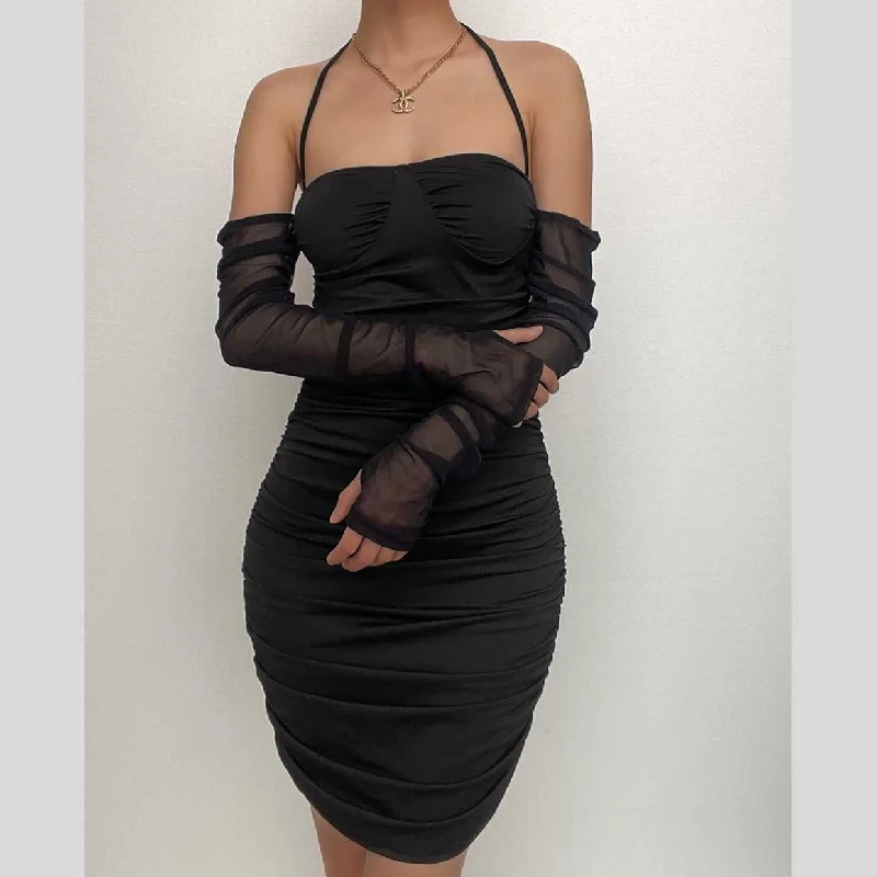 Effortless Chic Apparel BerryBetty - Mesh solid gloves halter off shoulder backless ruched mini dress