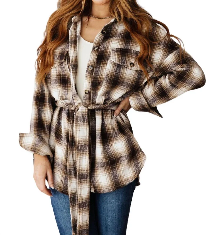 Trendy Attire For Her Outside Stroll Plaid Waist Tie Shacket In Brown