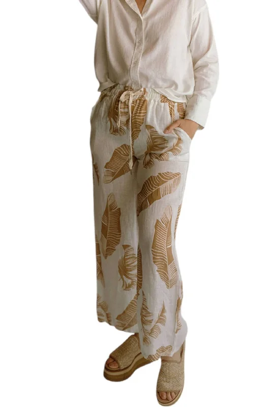 Unleash Your Trend Driven Style Palm Print Linen Pants In Beige