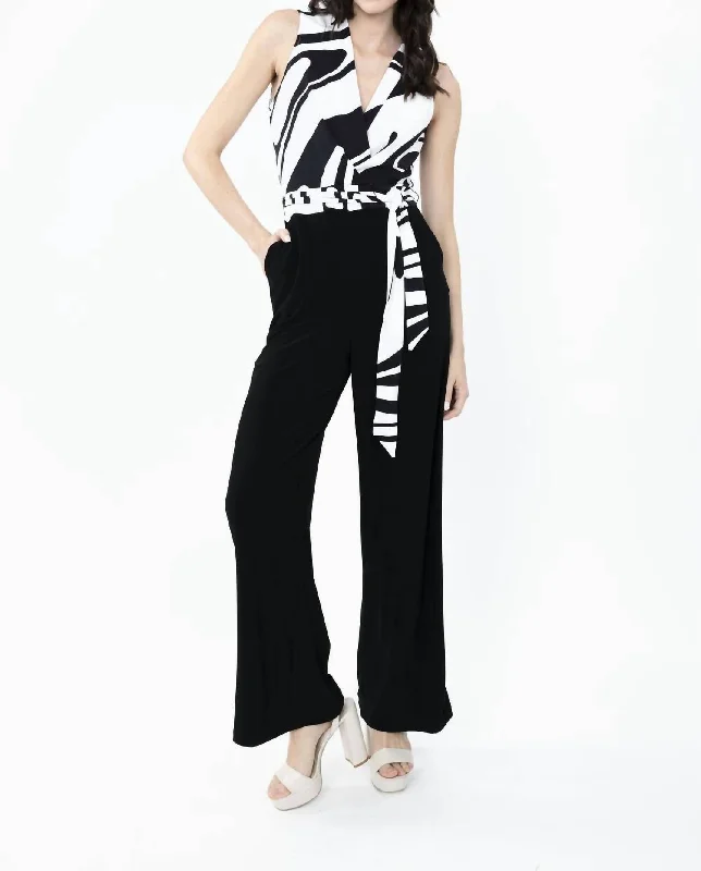 Fashion Forward Outfits Belted Wrap V Neck Jumpsuit In Black/off White