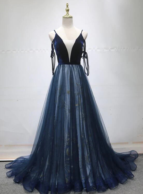 Contemporary Elegance Blue A-line Straps Tulle Long Evening Dress Party Dress, Blue Bridesmaid Dress