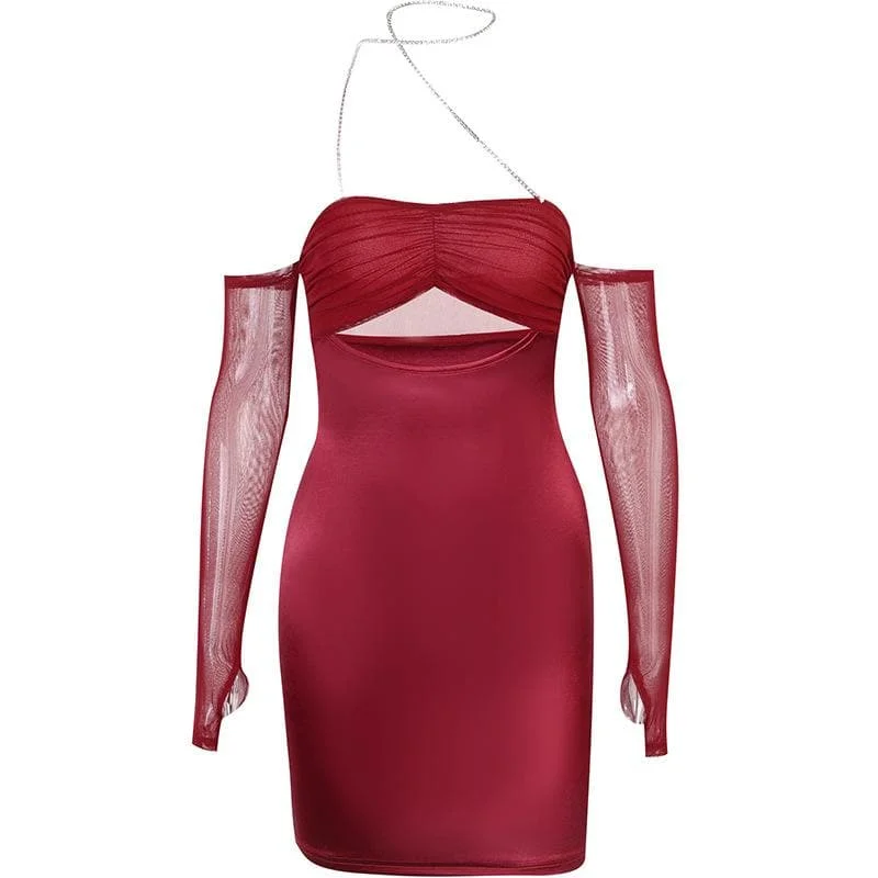 Effortless Style, Endless Impact BerryBetty - Mesh gloves solid halter ruched hollow out off shoulder mini dress