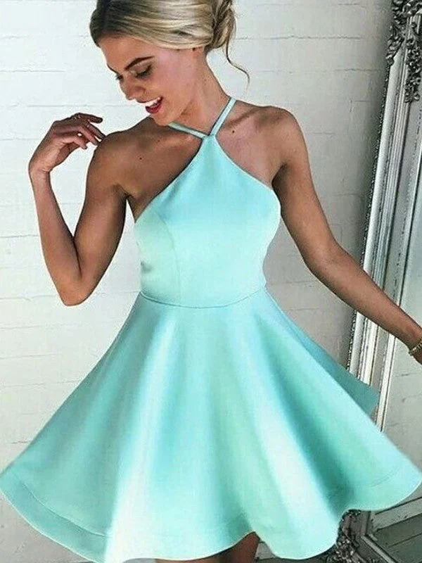 Flash Sale A-Line/Princess Satin Halter Sleeveless Pleated Short/Mini Dresses