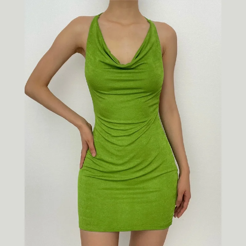 Clearance Sale, All Cheap BerryBetty - Backless solid sleeveless halter self tie cowl neck mini dress