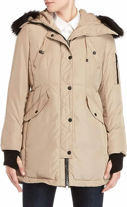 Elegant Style Women's Down Puffer Coat Hooded In Beige