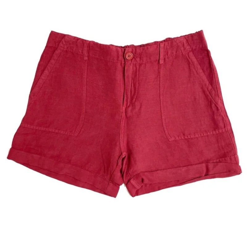 Charming Silhouette Women's Linen Blend Elastic Waist Rolled Hem Shorts In Red