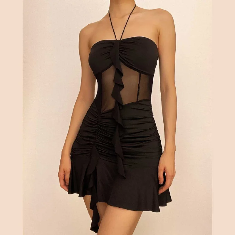 New In This Season BerryBetty - Mesh patchwork ruffle ruched halter backless mini dress