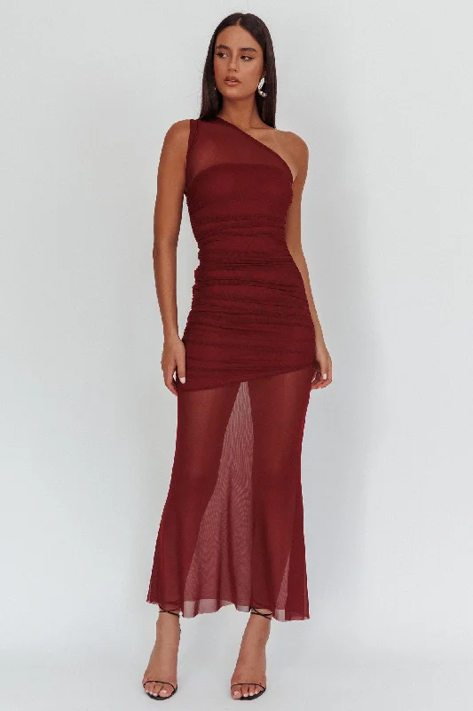 Fashionista Favorites Verity One-Shoulder Sheer Maxi Dress Wine