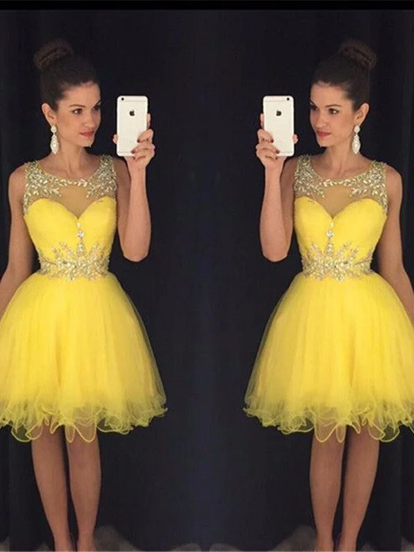 Flash Sale Starts A-Line/Princess Scoop Sleeveless Beading Tulle Short/Mini Dresses