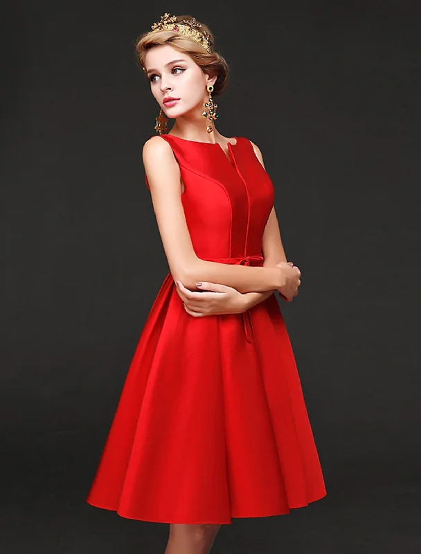 Limited Time Flash Sale A-Line Cocktail Dresses Minimalist Dress Homecoming Short / Mini Sleeveless Jewel Neck Satin with Sash / Ribbon Bow(s)