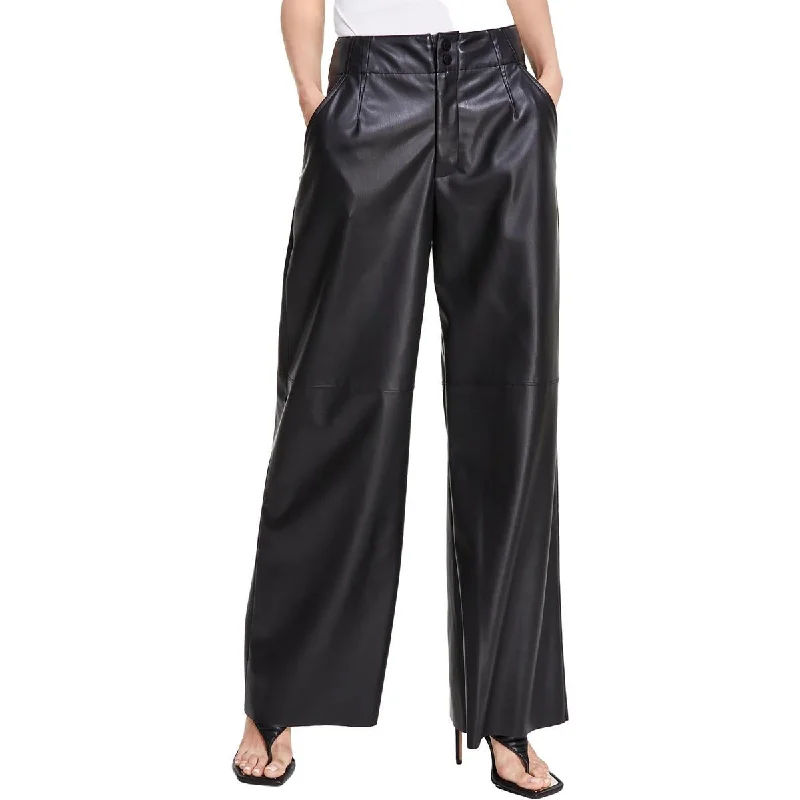 Chic Style Womens Pleated Faux Leather Wide Leg Pants