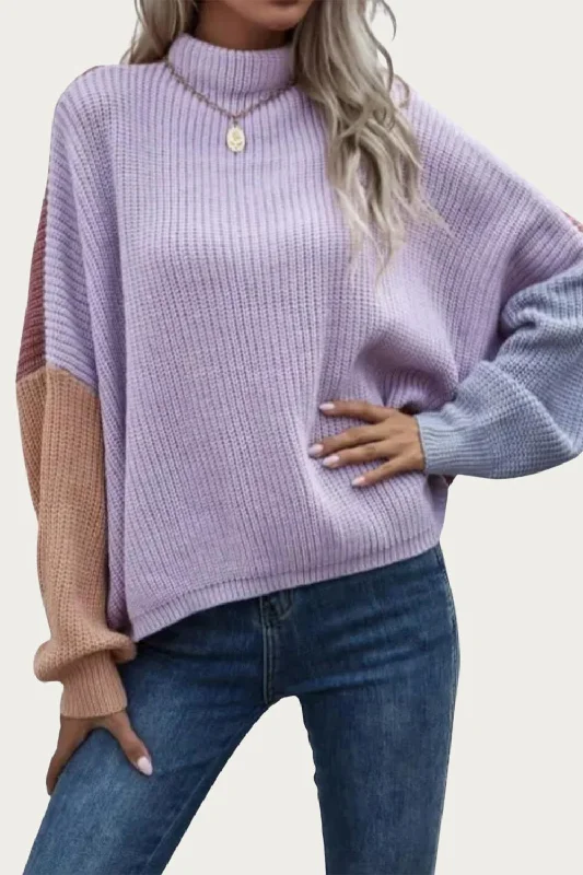 Save On Classic Elegant Styles Slouchy Colorblock Ribbed-Knit Sweater In Lavender