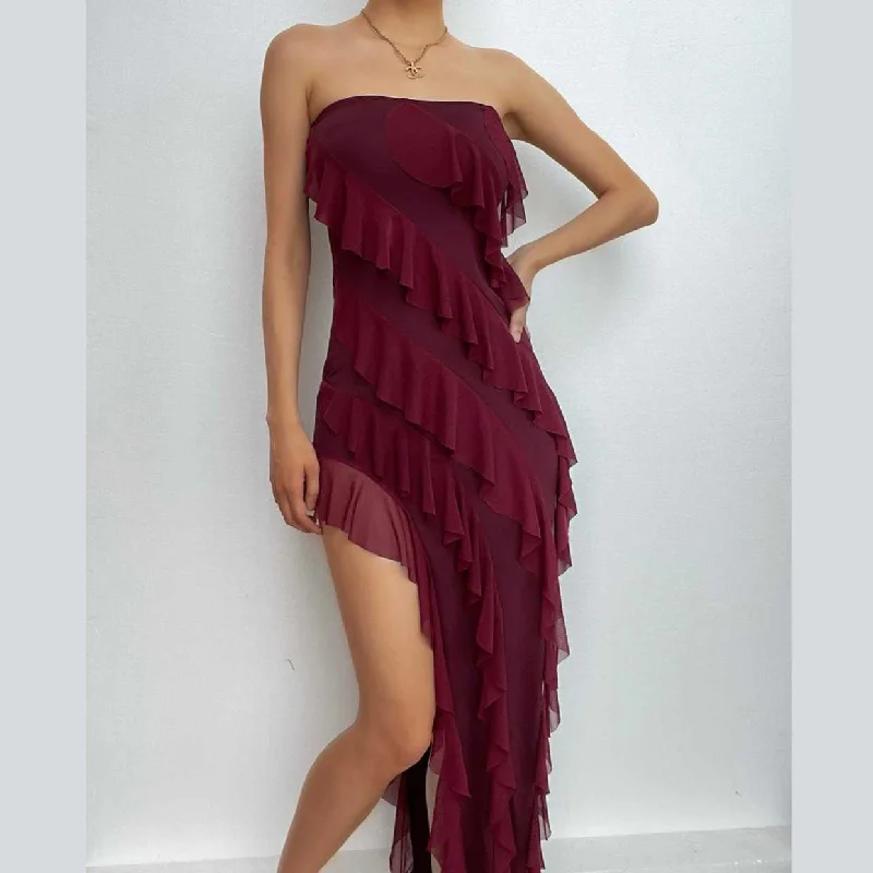 Special Offer For You BerryBetty - Irregular backless solid ruffle slit tube midi dress