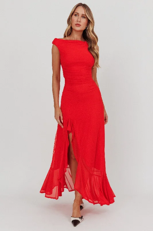 Spring Fashion Moonlit Magic Asymmetric Neckline Maxi Dress Red