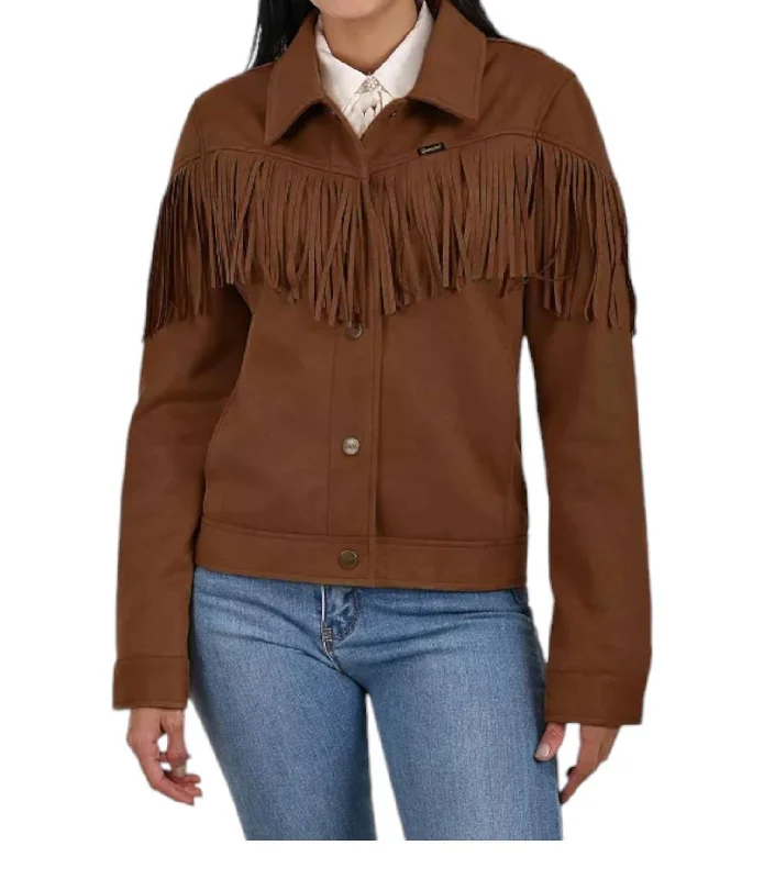 Seasonal Clearance Faux Suede With Fringe Trucker Jacket In Brown