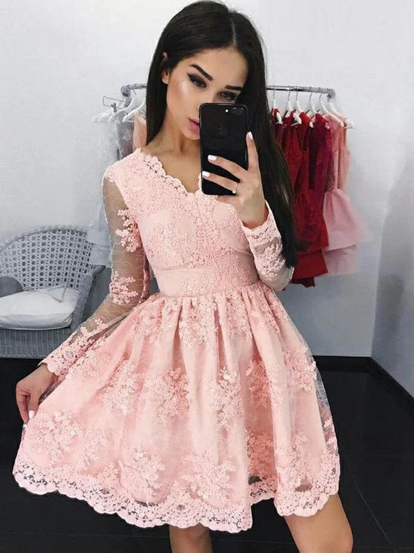 Fashion Forward A-Line/Princess Lace Long Sleeves Applique V-neck Short/Mini Dresses