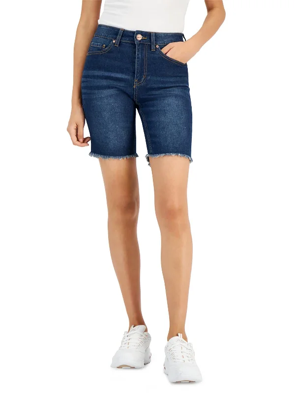 Popular Collection Juniors Womens Dark Wash Raw Hem Bermuda Shorts