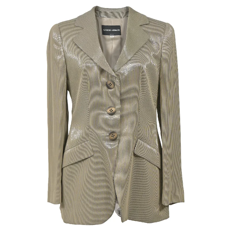 Casual Yet Stylish Separates Giorgio Armani Sheered Stripe Single-Breasted Blazer in Beige Polyester