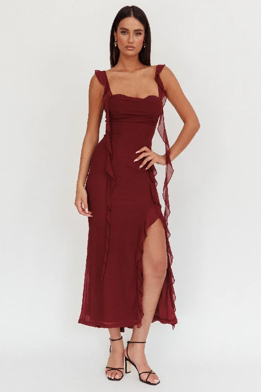 Season Sale Blushing Ruffle Trim Maxi Dress Wine