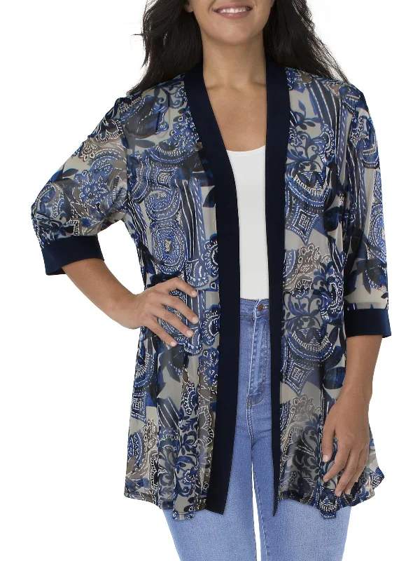 Limited Time Special Offer Plus Womens Mesh Printed Duster Blazer