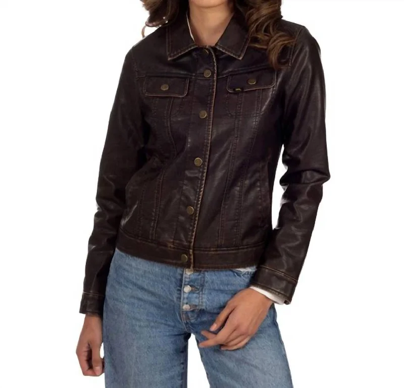 Chic And Edgy Classic Trucker Faux Fur Jacket In Brown