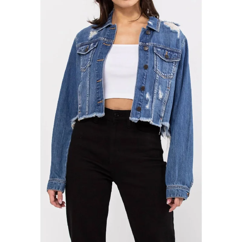 Style Streetwear Katrina Destroyed Fitted Denim Jacket In Dark Denim