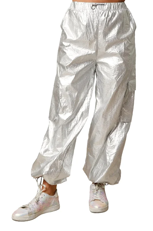 Holiday Attire Sale Shiny Foil Parachute Pants In Silver