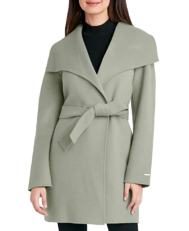 Trend Setting Wardrobe Women Tie Belt Wing Collar Wool Wrap Coat In Sage