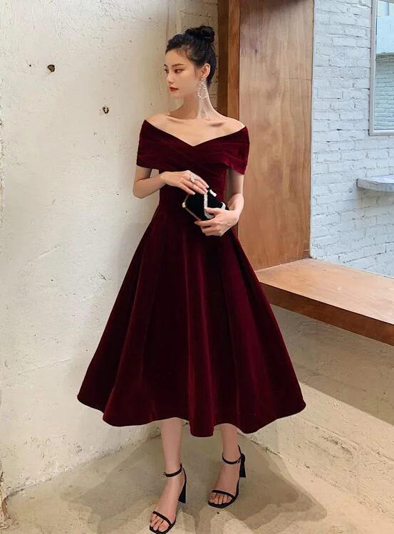 Flash Sale Wine Red Velvet Tea Length Chic Off Shoulder Party Dress, Burgundy Prom Dresses