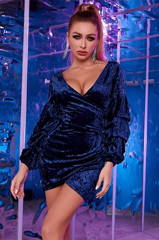 Gorgeous Glamour Collection Royal Blue Velvet V-Neck Balloon Sleeve Pleated Bodycon Mini Dress