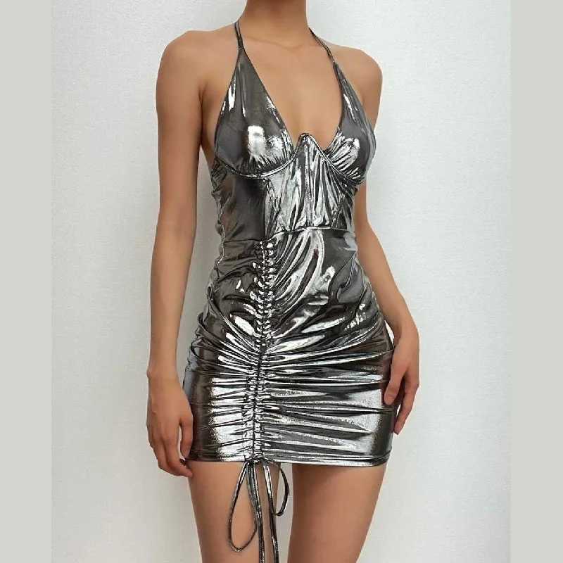 Fashion Sale BerryBetty - Cross front drawstring low cut metallic halter solid mini dress