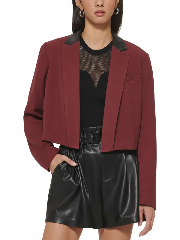 Summer Essentials Womens Faux Leather Trim Crop Open-Front Blazer