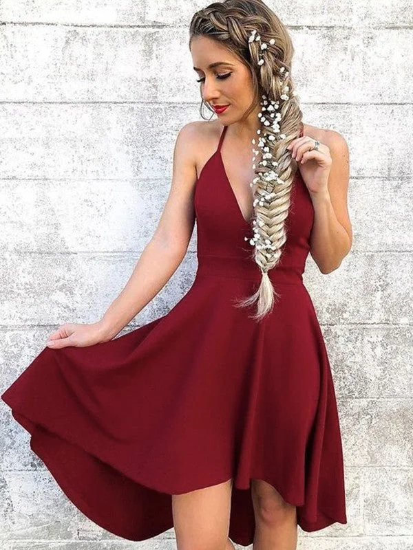 Buy More, Save More A-Line/Princess Sleeveless Halter Stretch Crepe Ruffles Knee-Length Dresses