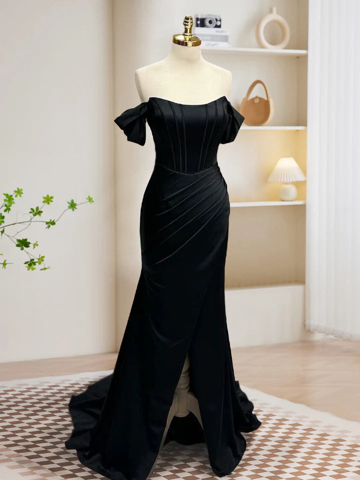 Day-To-Night Styles Mermaid  Cultivate oneself Off Shoulder Satin Long Prom Dress Elegant Long Split Fork Party dress