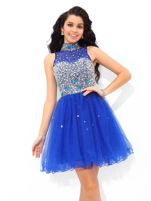 Holiday Sale A-Line/Princess High Neck Beading Sleeveless Short Net Cocktail Dresses