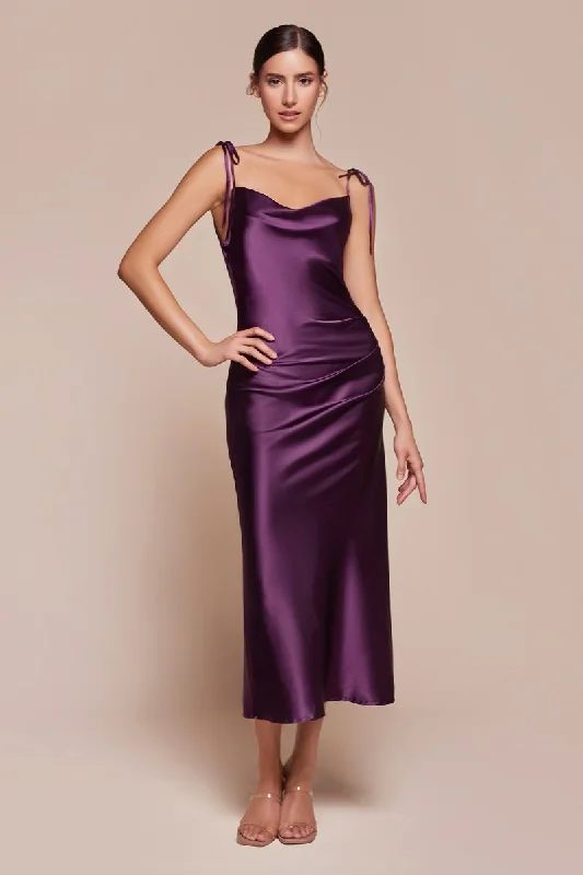 Limited Stock, Big Discounts Cinderella Divine BD103 Satin Formal Midi Graduation Dress Eggplant