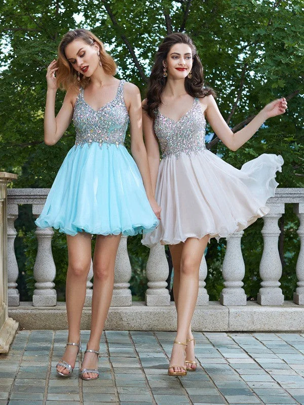 Designer Wear On Sale A-Line/Princess Rhinestone Straps Sleeveless Short/Mini Chiffon Dresses