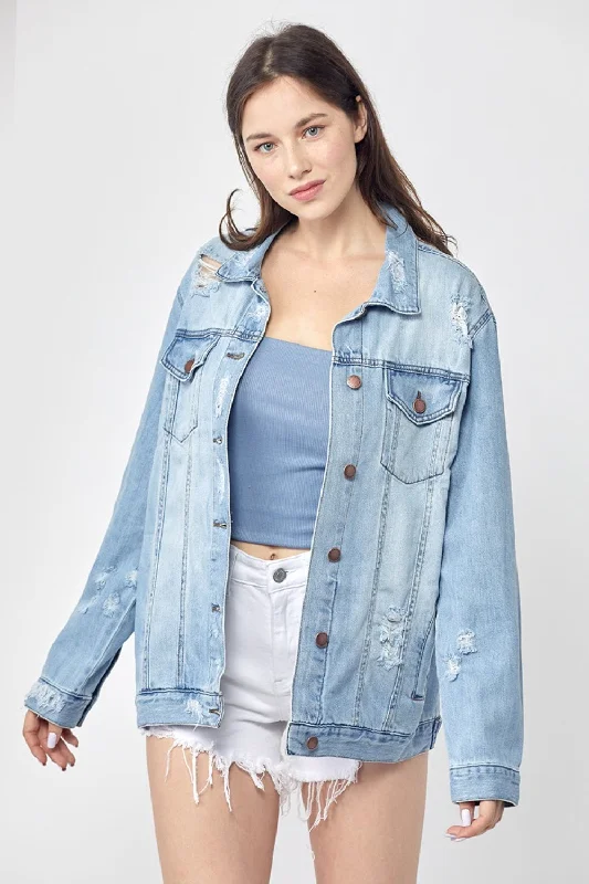 Women's Fashion Hotspots Full Size Distressed Long Sleeve Denim Jacket