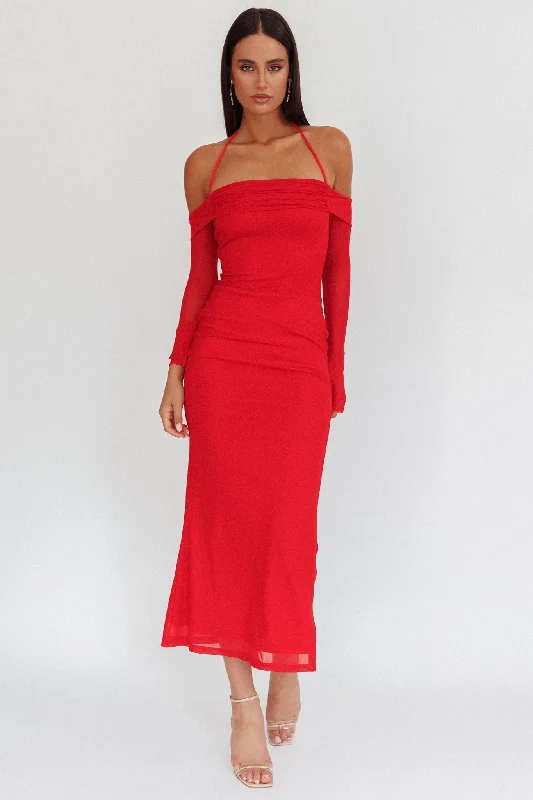 Stylish Savings Numbers Game Off-Shoulder Halter Maxi Dress Red