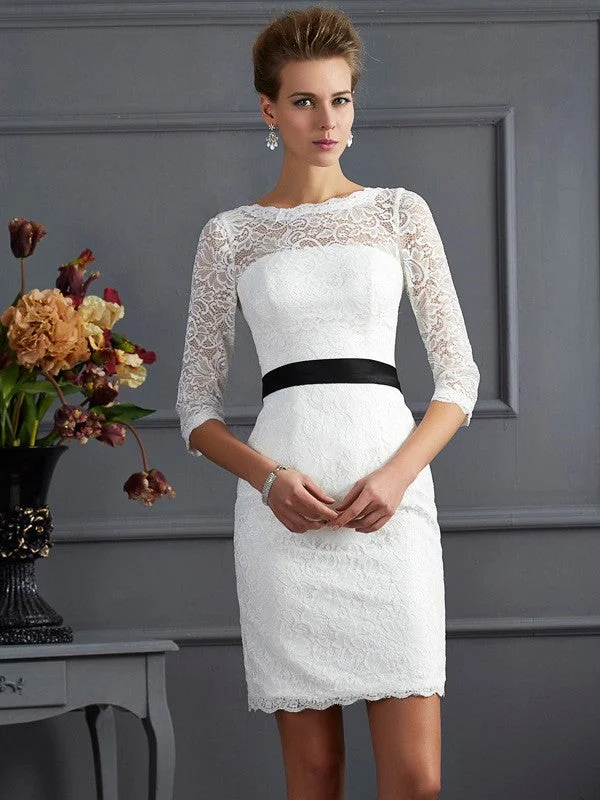 Mid - Week Surprise Sheath/Column Scoop 3/4 Sleeves Sash/Ribbon/Belt Short Lace Mother of the Bride Dresses