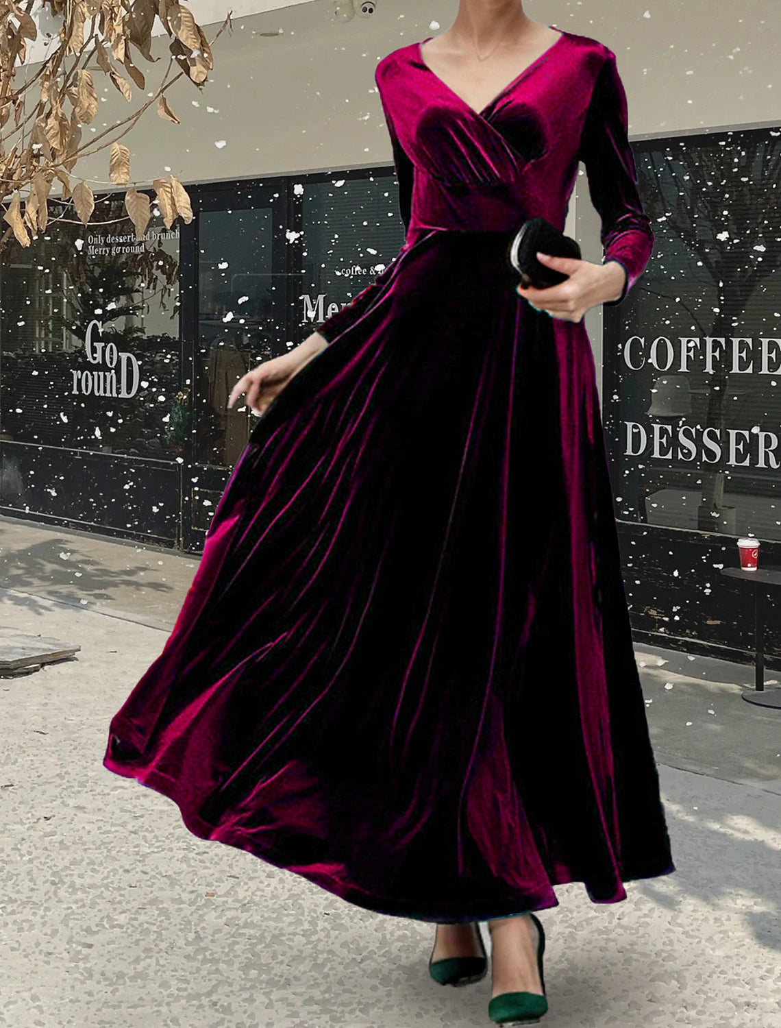 Chic Styles Christmas Fall Winter Velvet Dress Party Dress Velvet Ruched V Neck Long Sleeve Elegant Winter Dress