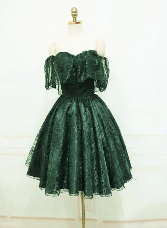 Score Big On Glamorous Red - Carpet Styles Beautiful Dark Green Lace Off Shoulder Short Party Dress, Lace Homecoming Dress