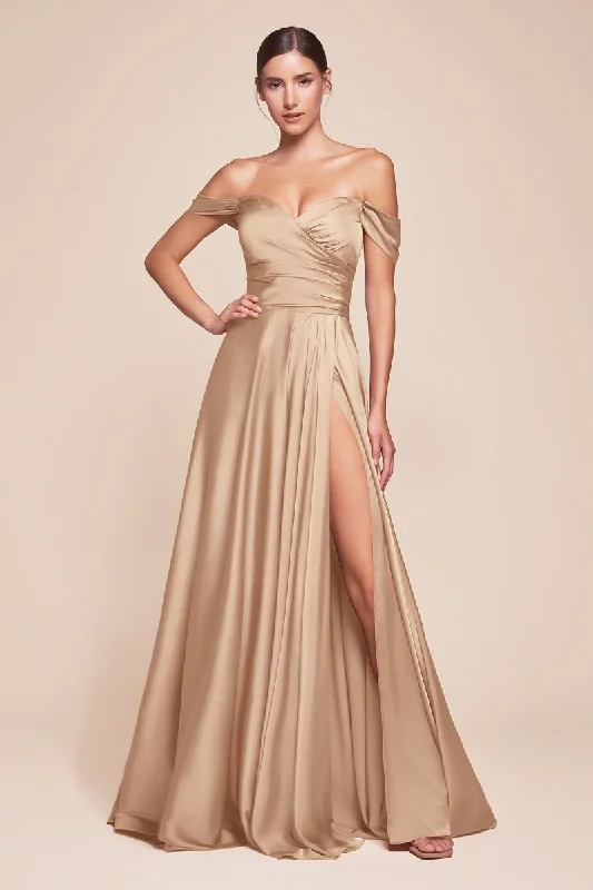 Season Offer Cinderella Divine 7493C Plus Size Long Off Shoulder Dress Champagne Gold