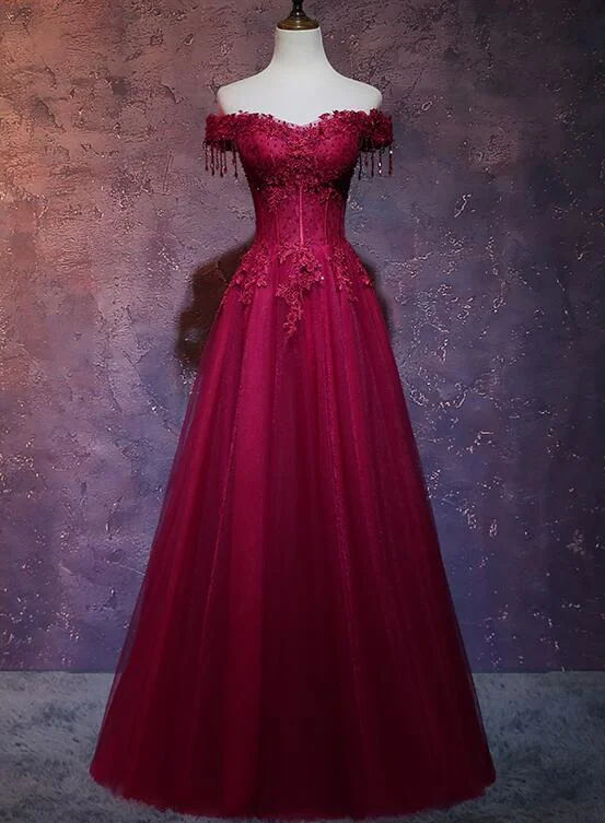 Weekend Special Beautiful Wine Red Tulle Sweetheart Long Prom Dress, A-line Party Dress