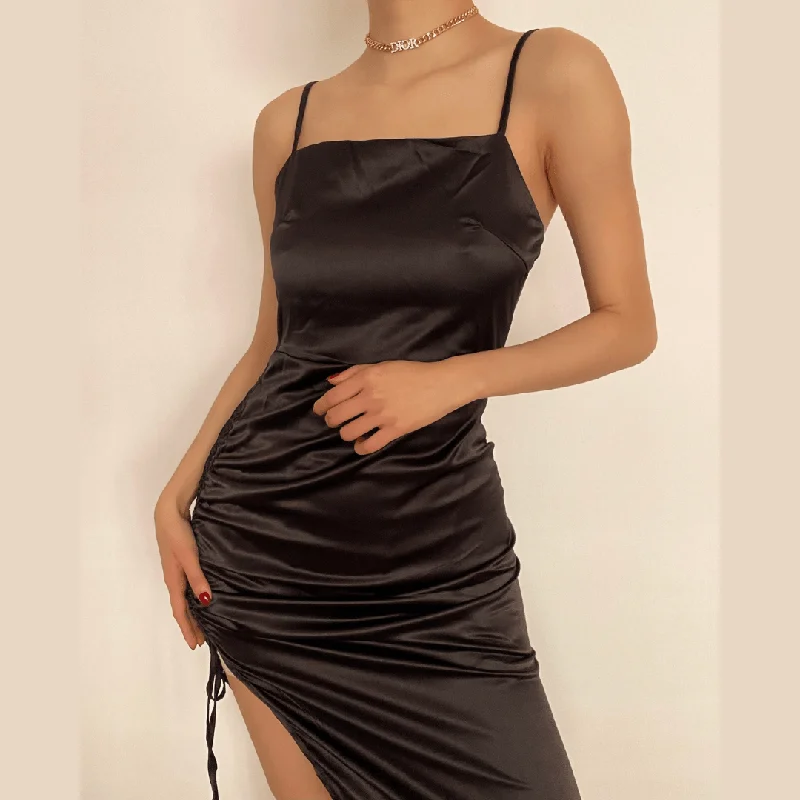 Athleisure Wear Promotion BerryBetty - Square neck drawstring ruched slit satin midi dress