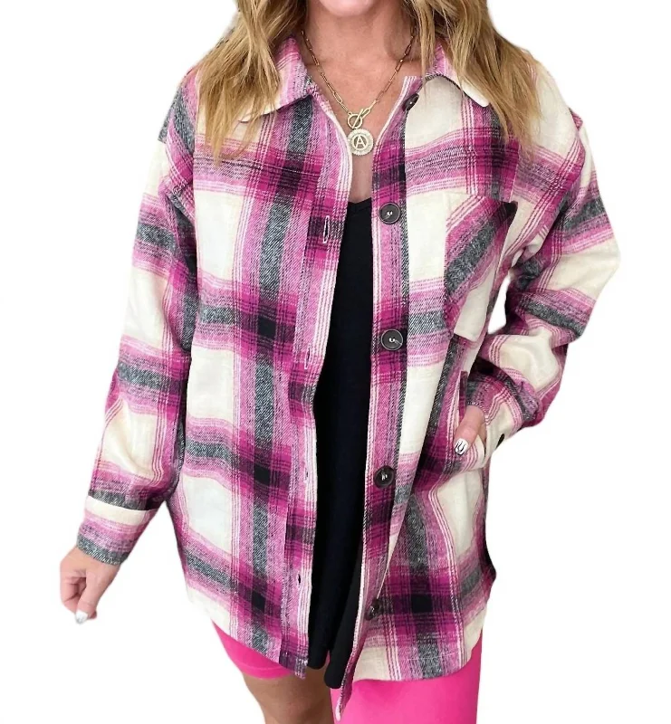 Fashion Frontiers Oversized Longline Plaid Shacket In Magenta