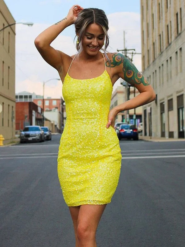 Runway Inspired Wear Sheath/Column Sequins Spaghetti Straps Sleeveless Short/Mini Dresses