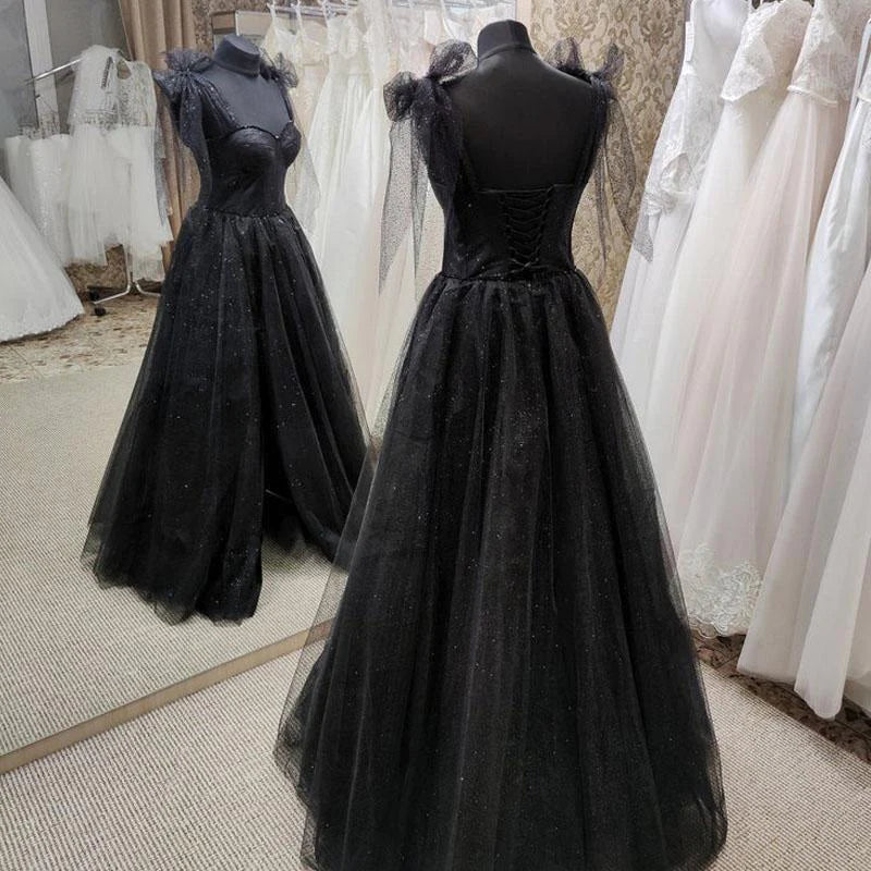 Ethnic Cultural Event Wear Black Tulle Floor Length Long Party Dress with Slit, Black Evening Dresses