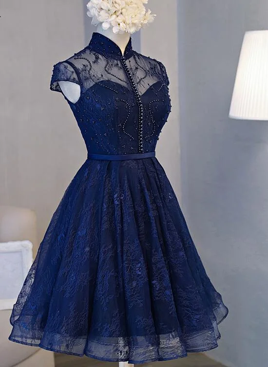 Mid Season Sale Beautiful Navy Blue Knee Length Lace Party Dress, Homecoming Dress