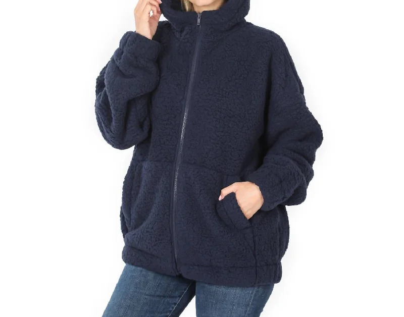 Huge Markdowns Sherpa Hooded Zipper Jacket In Navy